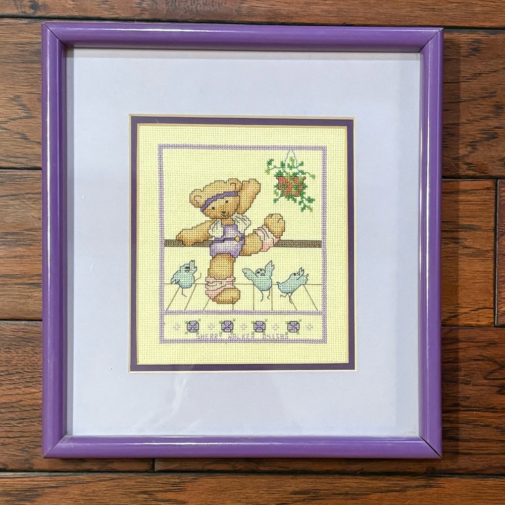 VTG 80s Framed Matted Cross Stitch Exercise Aerobics Bear Birds Purple